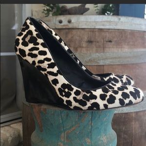 White House Black Market leopard calf hair wedges